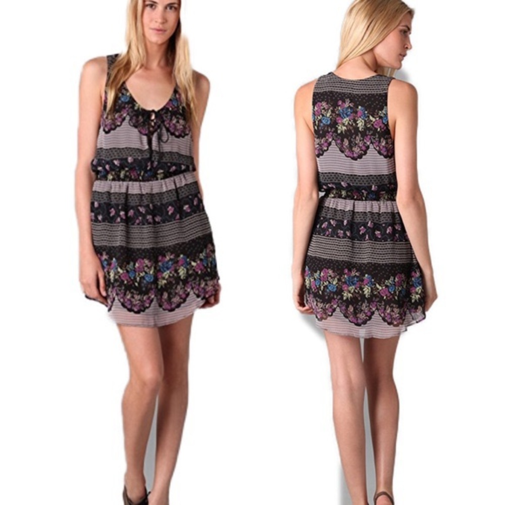 Free People Lace Up Falling for Georgette Black Purple Sleeveless Mini Dress XS